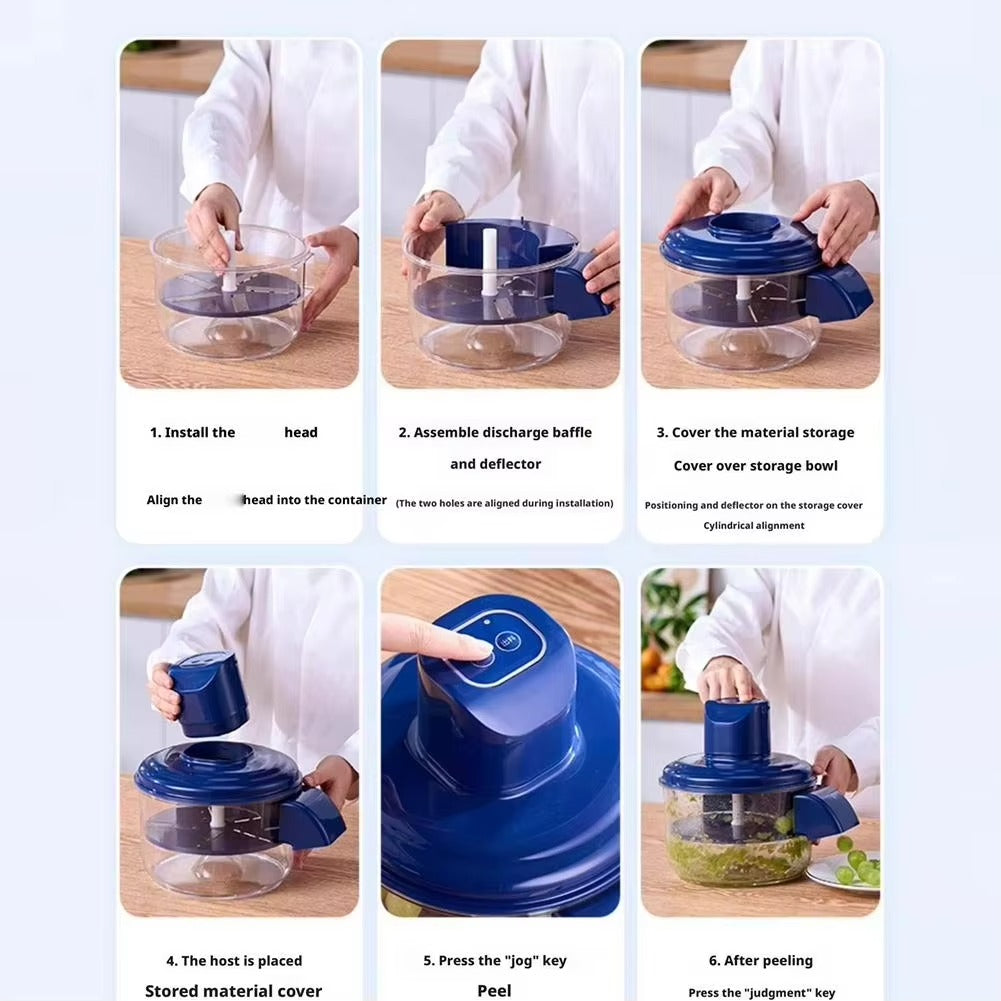 Step-by-step assembly and use of a kitchen tool on a wooden surface.