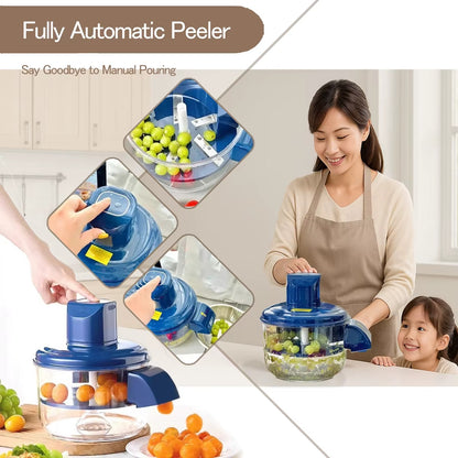 Woman and child using a fully automatic peeler with fruits on a kitchen counter.