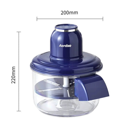 Blue food chopper with clear container and 'Aerdxe' branding, shown with dimensions on a white background.
